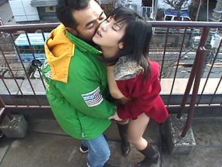 Horny asian teen with big boobs sucks and gets fucked from behind outdoor